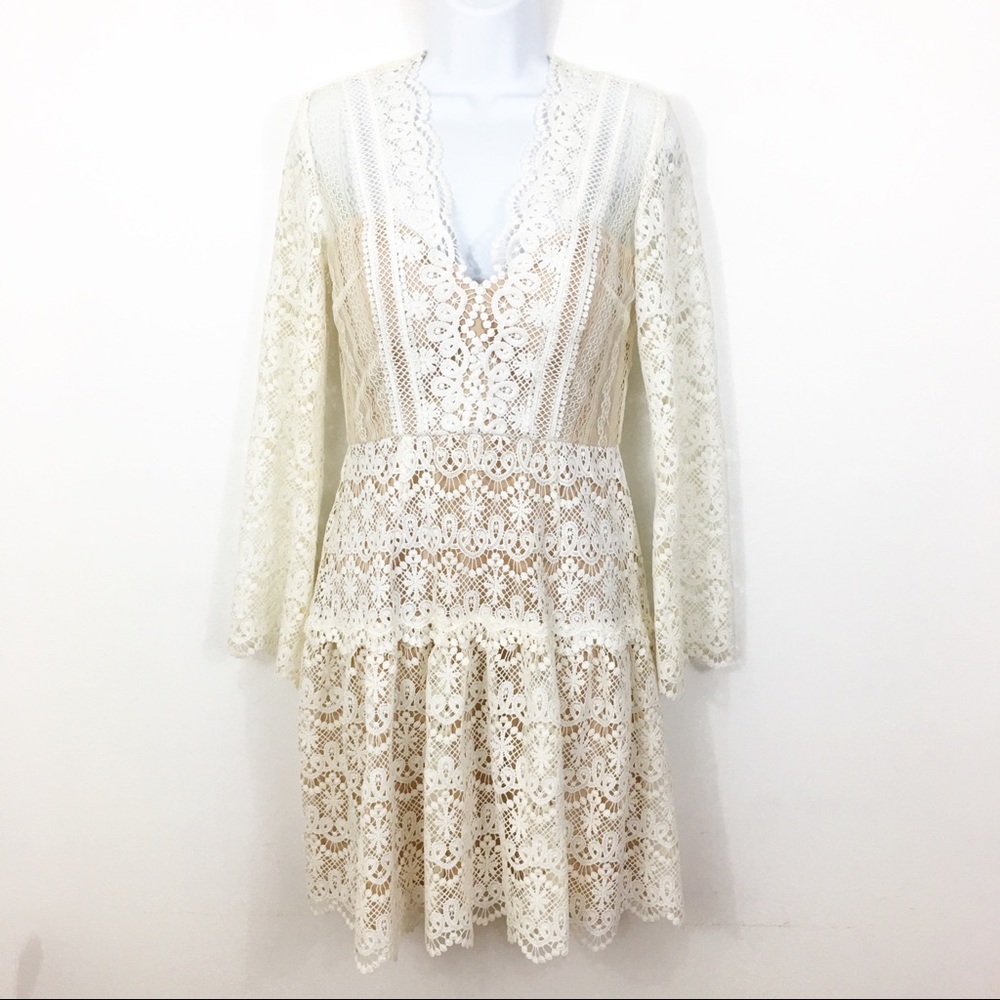 AIJEK Lace Nude Illusion Flare Sleeve Dress Size 2